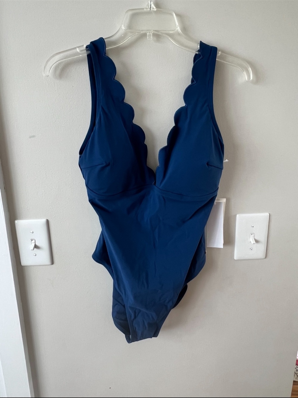 3/$15 CeCe Scalloped Deep V One-Piece Swimsuit - Navy Blue